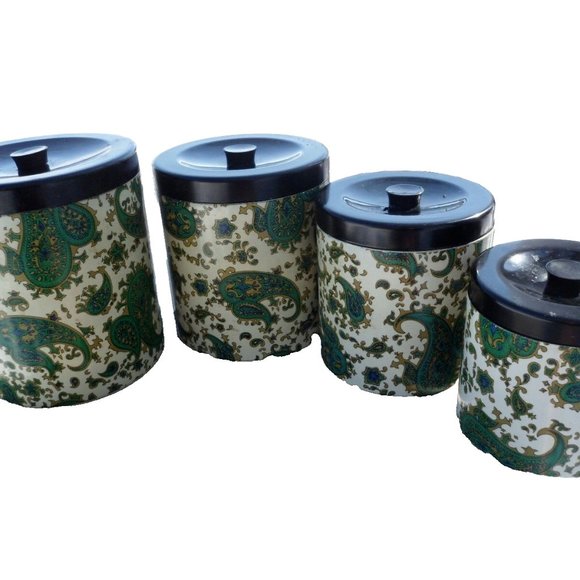 Vintage Kitchen Canister Set Takahashi Nesting Container Green Paisley Tray MCM - Picture 9 of 13